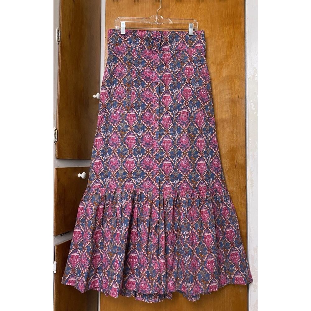 Sue Sartor Smocked Flounce Ruffle Maxi Skirt Cotton Block Print Coastal Sz M/L